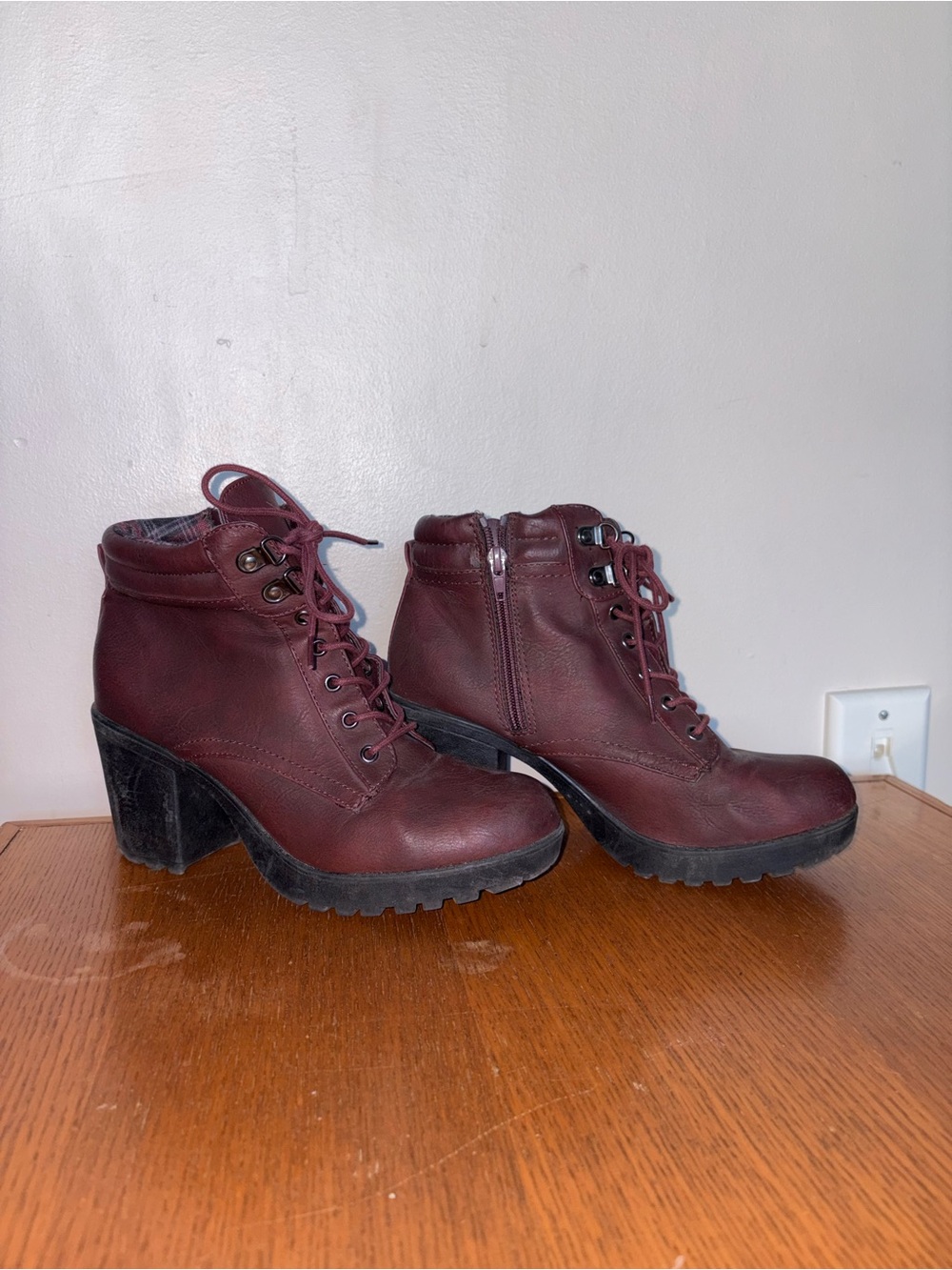 Call It Spring Maroon Lace-Up Chunky Heel Ankle Boots